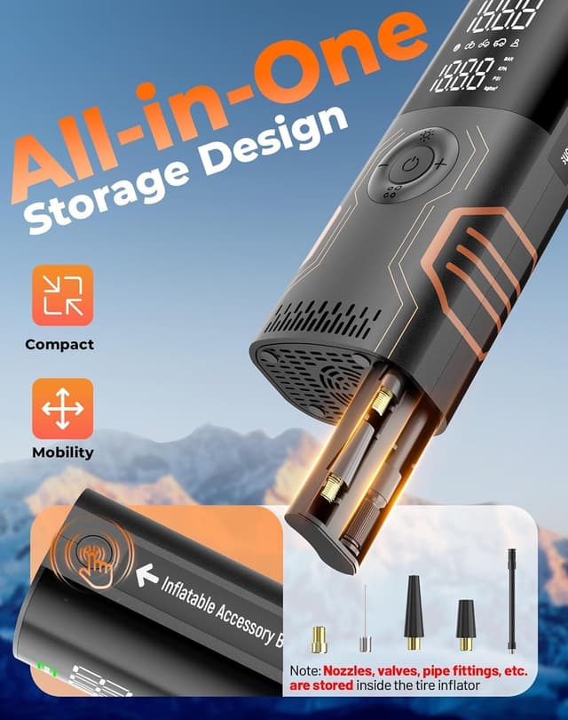 Detalle 2 de Portable Tire Inflator Air Compressor with Smart APP Control (150 PSI) — All-in-One Storage Pump for Car, Motorcycle, Bicycle, and Balls