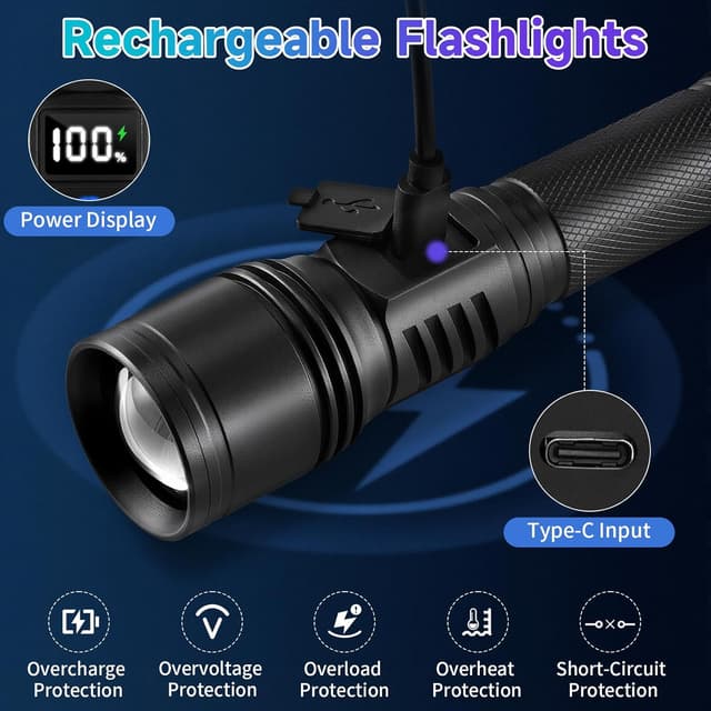 Detalle de Rechargeable Flashlights High Lumens 2-Pack (5 Modes) with LCD Power Display, Type-C Charging, Tactical Focus Beam