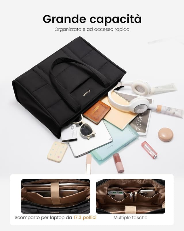 Detalle 2 de LOVEVOOK Borsa Donna grande imbottita con scomparto per laptop fino a 17”, tote shopper da lavoro e università