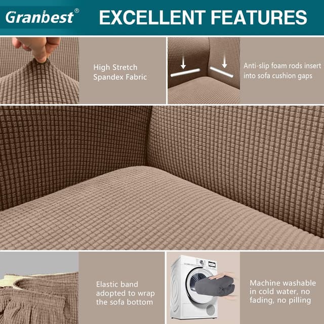 Detalle de Granbest High Stretch 3 Seater Sofa Covers (Sand) – non-slip, super soft jacquard spandex slipcover