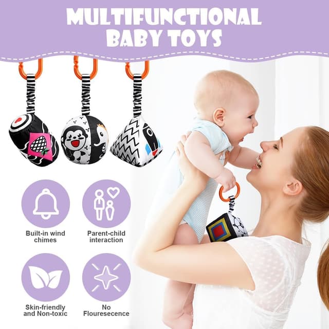 Detalle de Aolso Kinderwagen-Spielzeug (4-teilig) mit hängenden Rasseln in Schwarz/Weiß