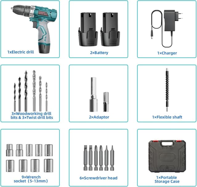 Thumbnail 6 de PONOSEU Trapano Avvitatore 12V Compatto (kit completo) con 2 batterie da 2000 mAh, 25+3 regolazioni e set 24 pezzi