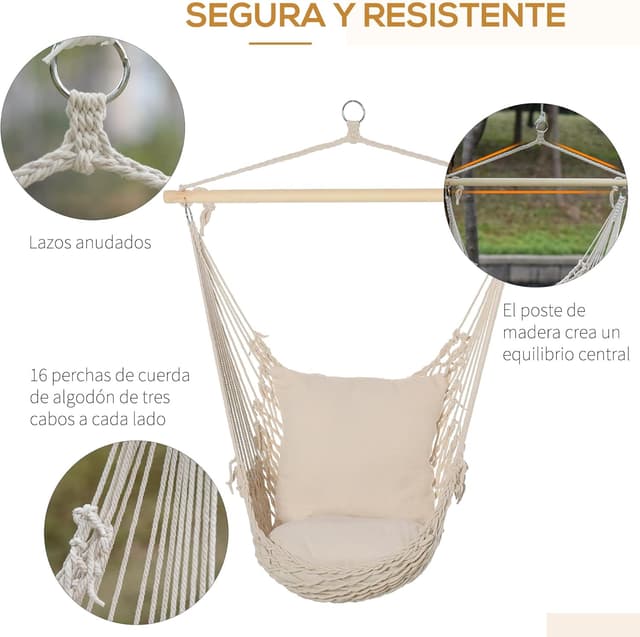 Thumbnail 4 de Outsunny Silla Colgante Hamaca 120 kg Crema