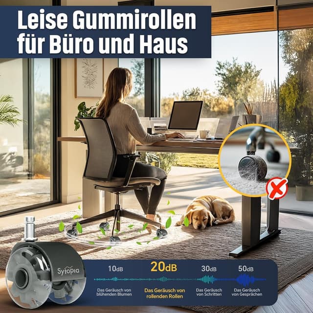Detalle de Sytopia Bürostuhl Rollen 70 mm, 5er-Set (Stift 11×22 mm) für Hartböden, Parkett & Teppich – leise, weich und bodenschonend, schwarz