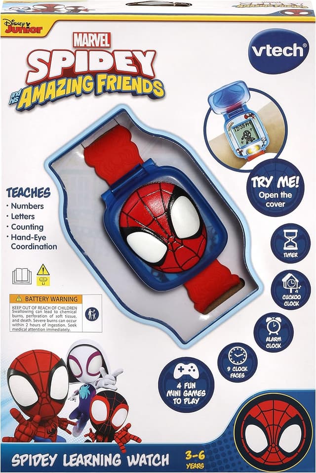 Detalle de VTech Spidey Learning Watch (Spidey and His Amazing Friends) – Interactive time-telling clock toy for ages 2–5, red