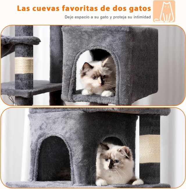 Detalle de Heybly Arbre à chat HCT016G : tour de grimpe multi-étagé de 145 cm avec plateformes et panier