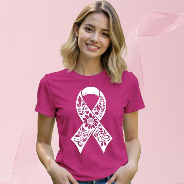 Detalle 2 de Qskall Breast Cancer Awareness T-Shirt for Women with Pink Ribbon Floral Design