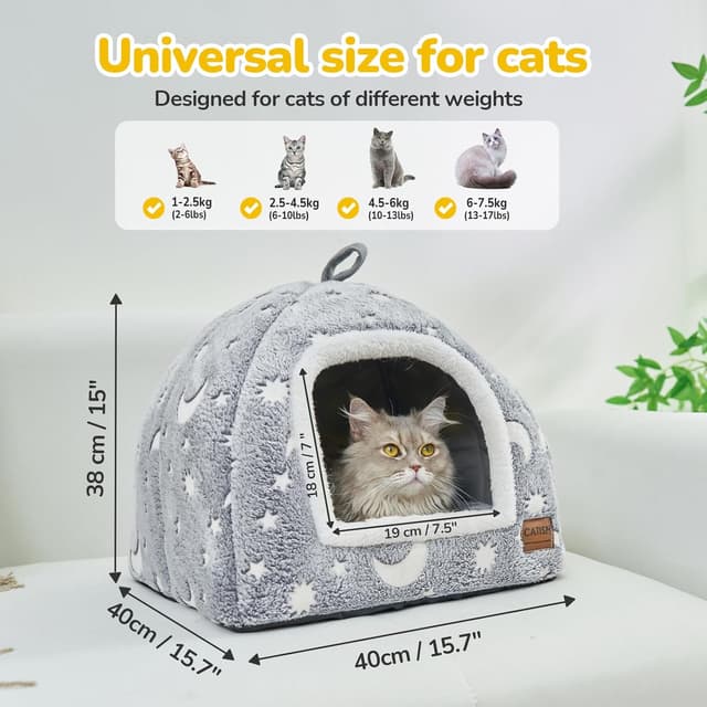 Thumbnail 6 de CATISM Cat Bed Cave Grey Star & Moon, foldable indoor tent-style cat cave with removable washable cushion, 40 x 40 x 38cm