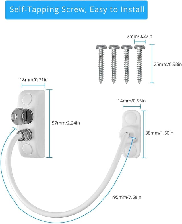 Thumbnail 6 de eSynic 6 Pack Window Locks for UPVC Windows – Lockable Cable Restrictors with Keys and Screws (Child Safety)