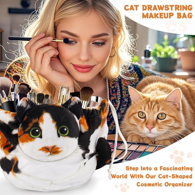 Detalle de Openhahaha Trousse Trucchi da Viaggio con coulisse a forma di gatto