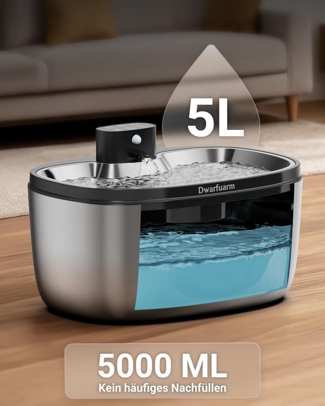 Detalle 2 de Dwarfuarm 5L kabelloser Trinkbrunnen für Hunde & Katzen mit 4.000-mAh-Akku, LED-Sensor und 4-Schicht-Filter