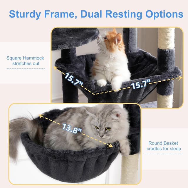 Detalle de Heybly Kratzbaum Groß (193 cm) Rauchgrau – mit 2 Katzenhäuschen, Hängematte, Korb und 10 Sisal-Kratzstämmen