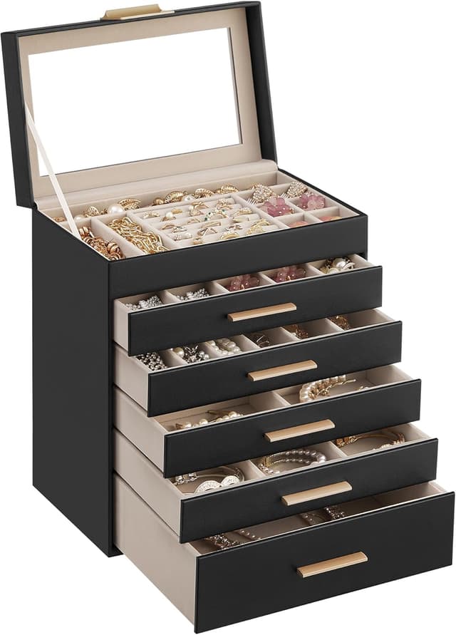 Detalle de SONGMICS GISELLA JBC171B01 Jewellery Box with Glass Lid, 6 Layers & 5 Drawers (Ink Black & Gold)