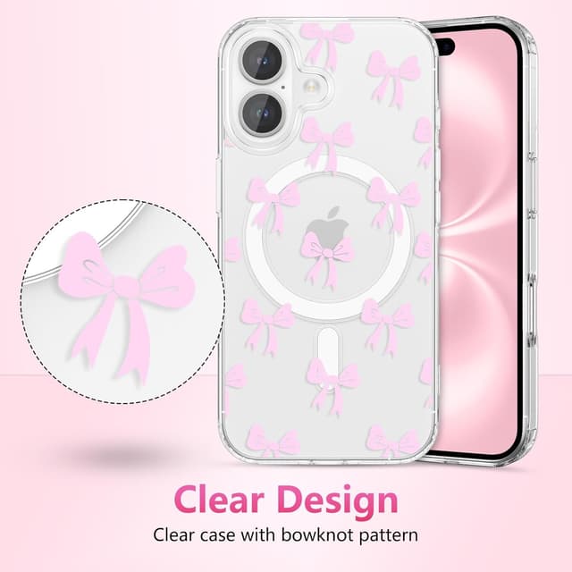 Detalle 2 de ZTOFERA Magnetische Hülle für iPhone 16 Plus (6,7") mit transparentem Design und Schleifen-Motiv – Rosa
