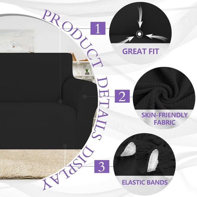 Detalle de Ystyle copridivano 3 posti con braccioli antigraffio lavabile elasticizzato, nero