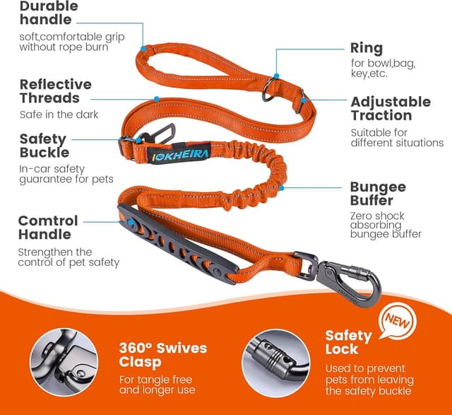 Detalle 2 de IOKHEIRA Bungee Dog Leash with Car Seat Belt Buckle and Reflective Thread