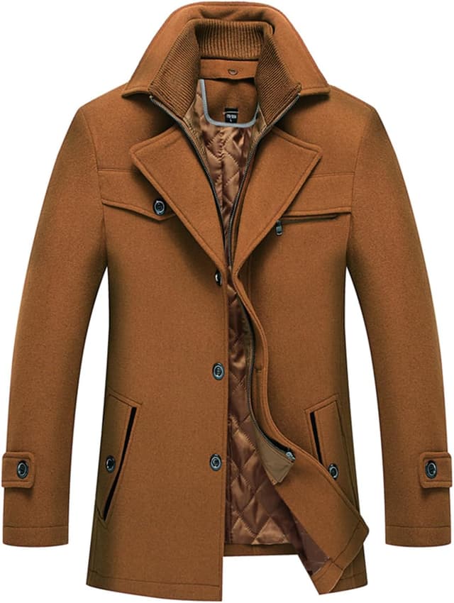 Detalle de INVACHI Men’s Wool Blend Trench Coat with Detachable Soft Scarf & High Stand Collar