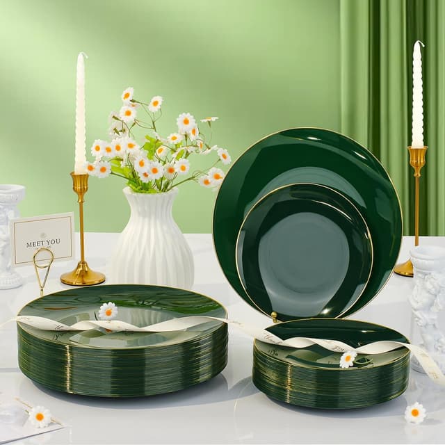 Thumbnail 5 de 175-Piece Green Gold Plastic Dinnerware Set