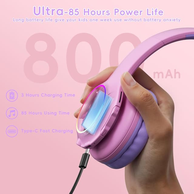 Detalle de Candy Bila 6.0 Bluetooth Kinder-Kopfhörer mit LED, HD-Mikrofon, 85 Std. Laufzeit & Lautstärkebegrenzung (85/94 dB) – Rosa