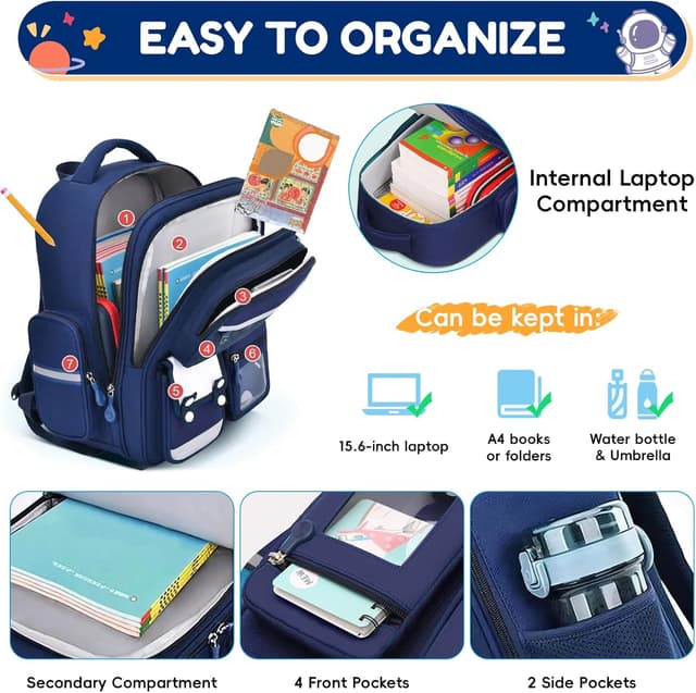 Detalle 2 de Amythe Cartable Garçons Primaire (CE2 à CM2) – Sac à dos 7 compartiments bleu avec bandes réfléchissantes