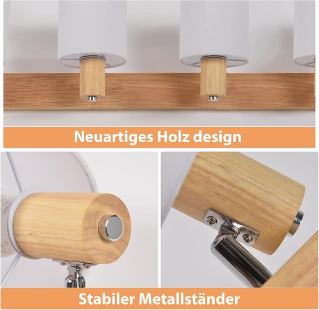 Detalle 2 de Glitzerlife Deckenstrahler 4-flammig mit Holzsockel, Stoffschirm und schwenkbaren Köpfen (E14, max. 25 W)