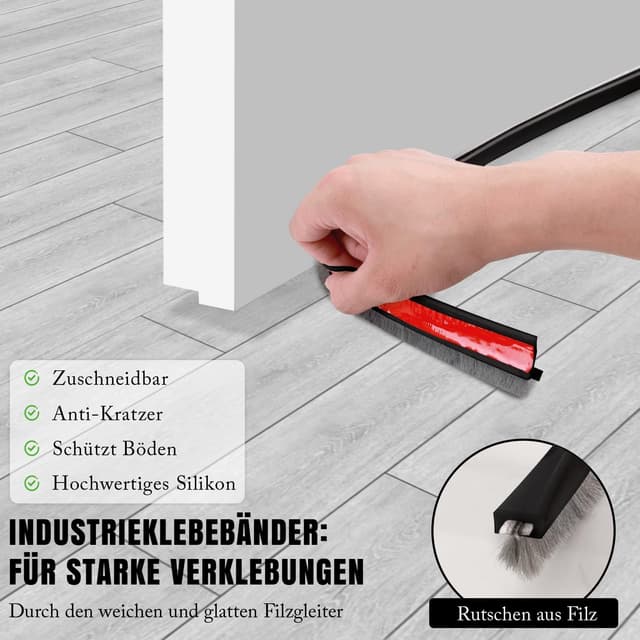 Detalle de Selbstklebender Türdichtung Zugluftstopper mit Schallschutz-Bürste (2 Stück) – Wind-, Staub- und Kälteschutz für Türen, 100×3,5 cm