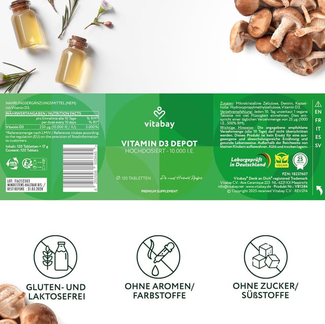 Thumbnail 6 de Vitabay Vitamin D3 10000 I.E. 120 Vegane Tabletten