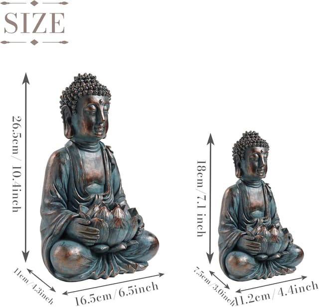 Detalle 2 de TERESA'S COLLECTIONS Bouddha de jardin zen avec lumière solaire (statue assise, résine imperméable) 18 cm