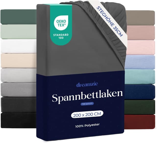 Detalle de Dreamzie Spannbettlaken 200x200 cm (hoher Steg bis 33 cm) aus 100% Mikrofaser, dunkelgrau, Oeko-Tex geprüft