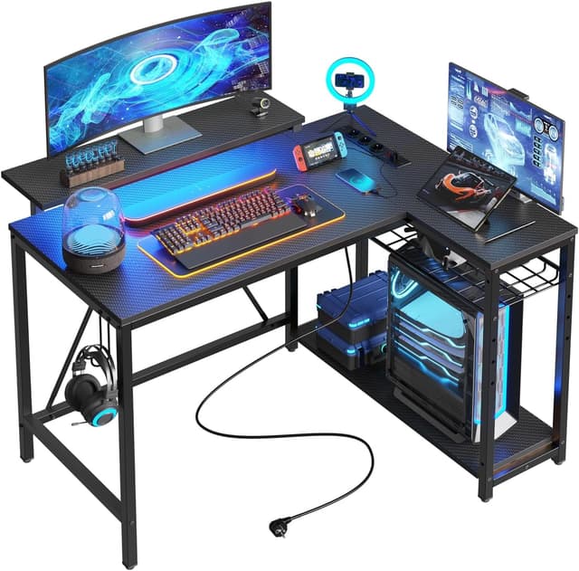 Detalle 2 de Bestier 147CM L Shaped Gaming Desk con luci LED 1500W