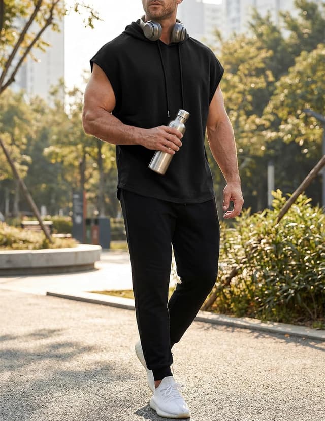 Detalle de JMIERR Men’s Drawstring Hooded Shirts (Sleeveless) — Cotton Hoodie Tee for Daily Wear