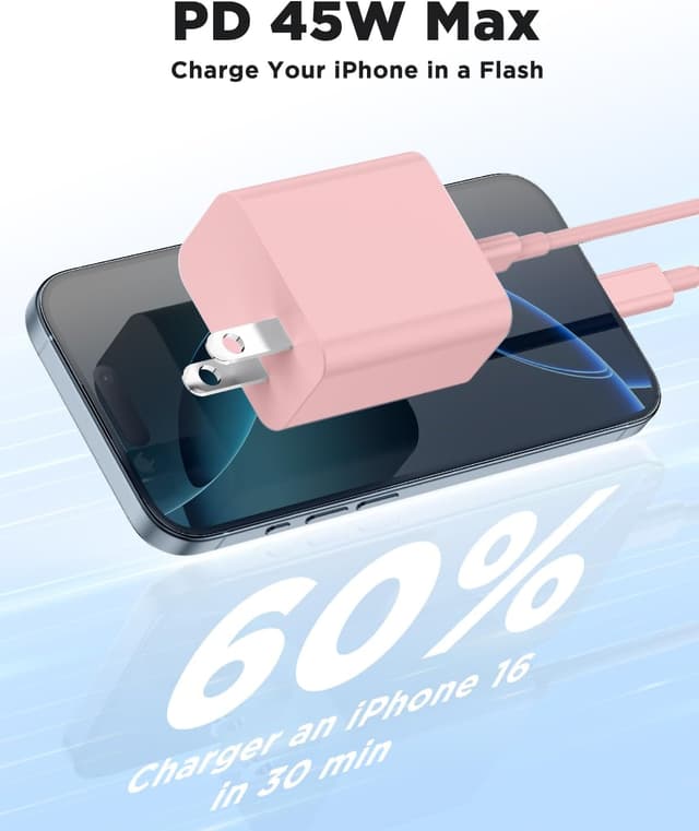 Detalle de 45W PD 3.0 iPhone Fast Charger with Super Long USB‑C Cable (6FT/10FT/10FT) — Pink