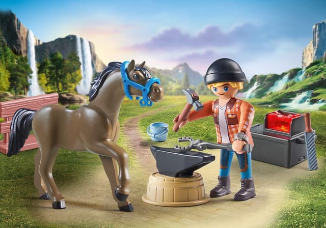 Detalle de PLAYMOBIL Horses of Waterfall 71357 Hufschmied Ben & Achilles – interaktive Pferdepflege auf der Waterfall Ranch