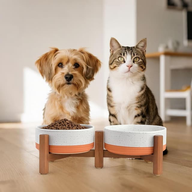 Thumbnail 6 de SPUNKYJUNKY Hundenapf Keramik Erhöhter Futternapf Akazienholz