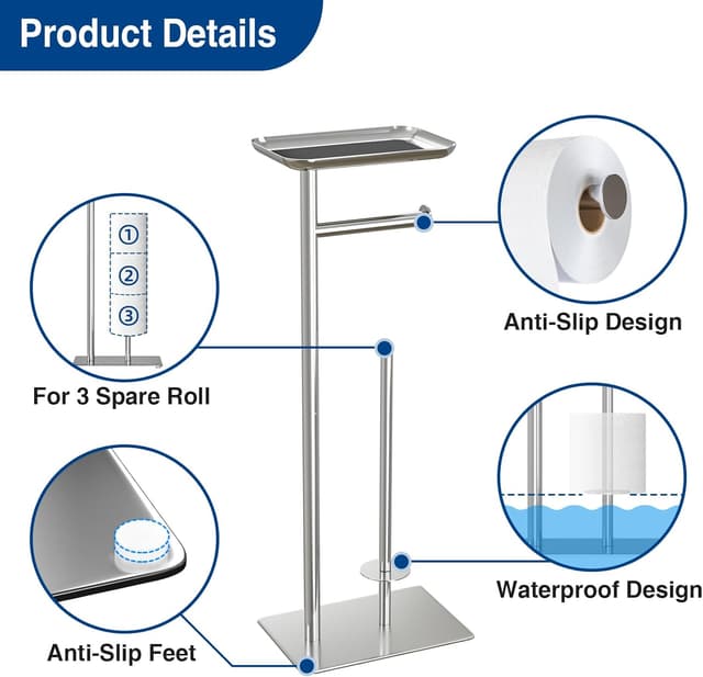 Detalle de Stehender Toilettenpapierhalter aus Edelstahl mit Ablage oben für 4 Ersatzrollen