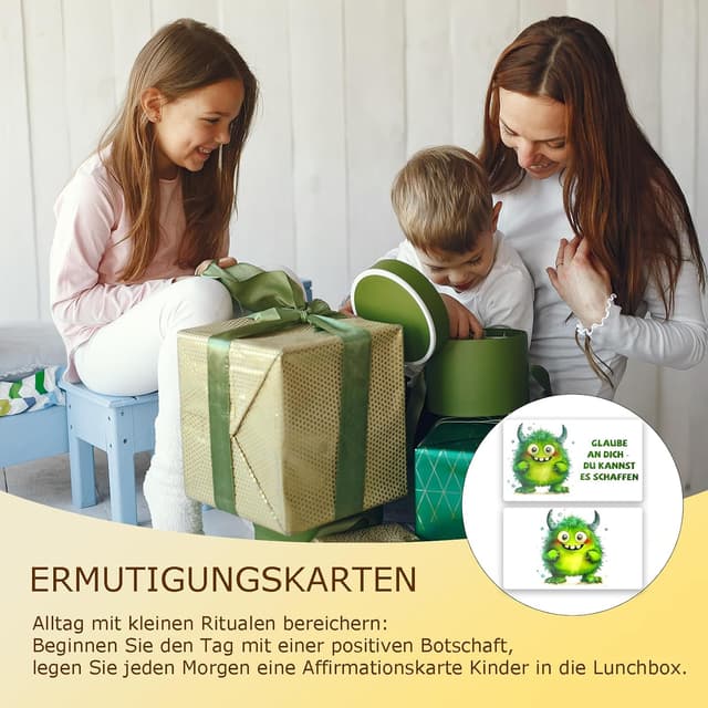 Detalle 2 de Oizemori 20 Affirmationskarten für Kinder – Mutmacher mit Monster-Motiven für Schule, Kita & Brotdose
