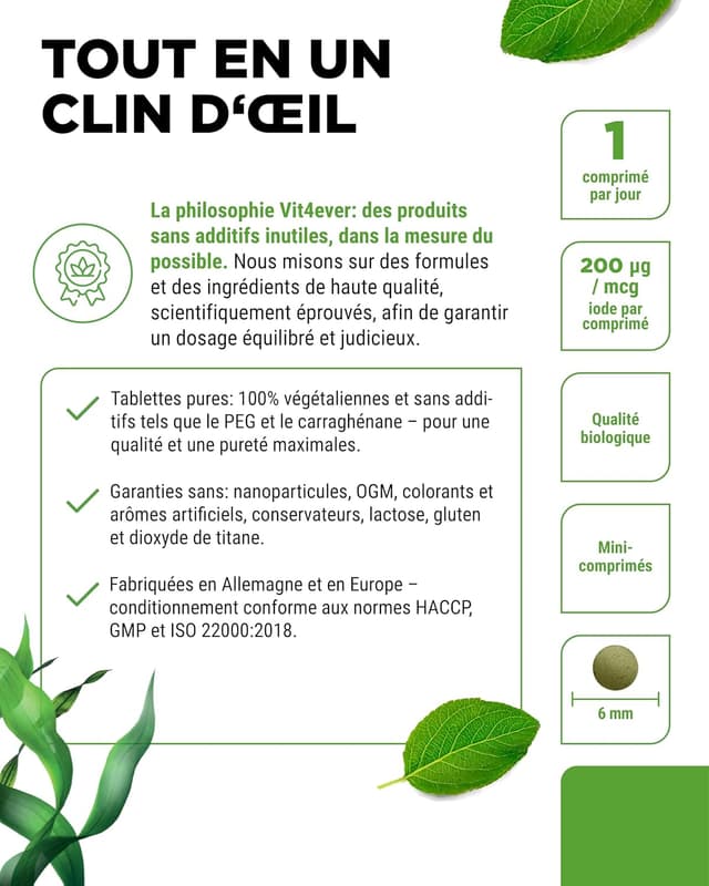 Detalle de Kelp Bio (Iode Naturel) – Complément alimentaire vegan, 365 comprimés dosés à 200 µg d’iode