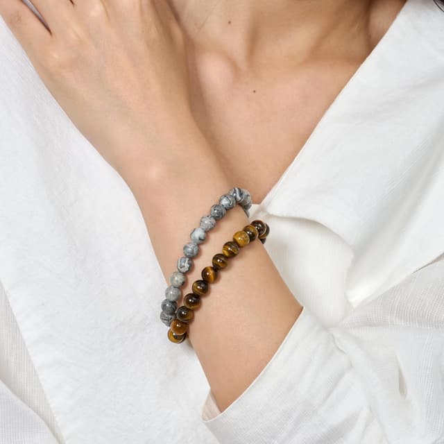 Detalle 2 de Bivei 3-teiliges Perlenarmband mit Natursteinen (Ojo de Tigre & Picasso-Jaspis) für Damen – handgefertigt