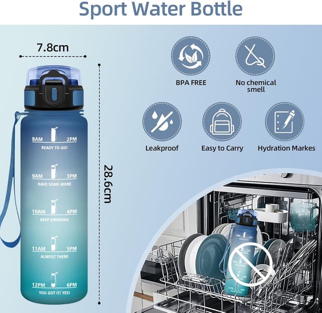 Detalle de Motswedi gourde de sport 1 l anti-fuite avec repères de temps et motivation (bleu & vert)
