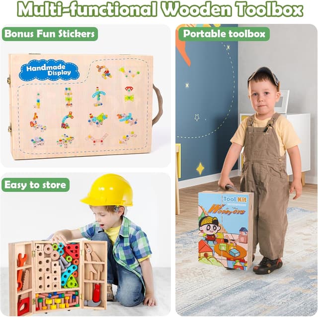 Detalle de Wdmiya Wooden Toys Kids Tools Set (65 PCS) for Ages 2+ — Wooden Tool Box Pretend Play
