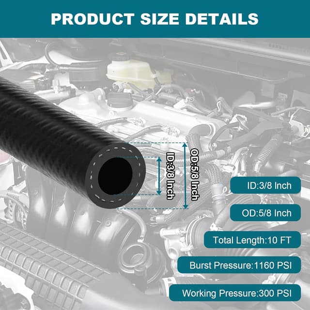 Detalle 2 de 3/8 in (10mm) ID Fuel Line Hose — 10 FT 300 PSI Push Lock NBR Rubber Hose for Automotive