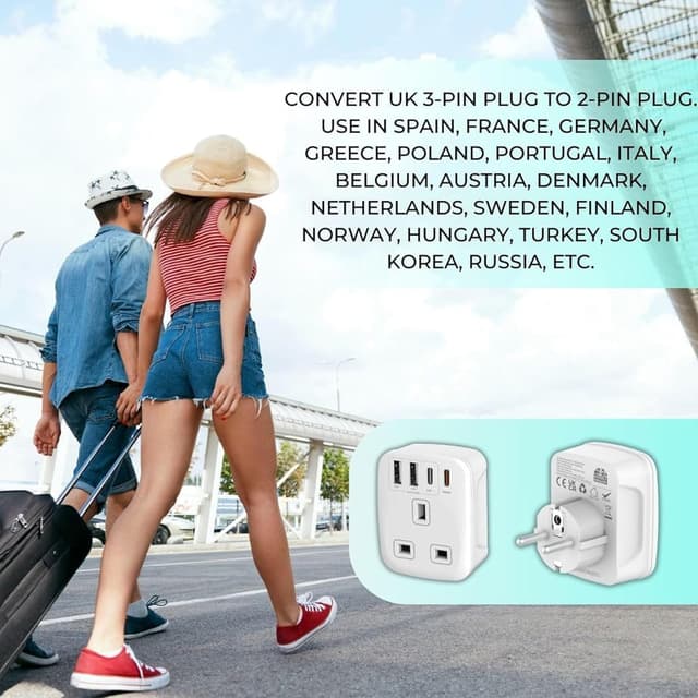 Thumbnail 6 de Double Dragon 20W Fast Charging 5-in-1 UK to EU Travel Adapter (2× USB-A & 2× USB-C, UK 3-pin to EU 2-pin)