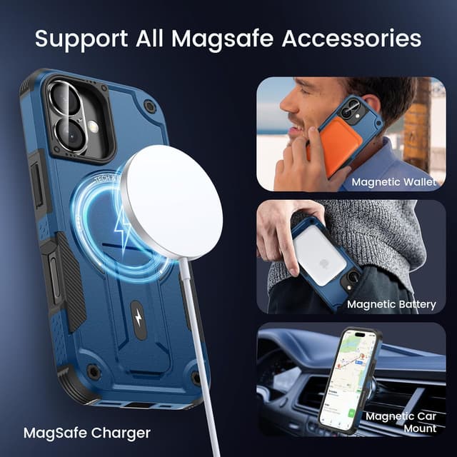 Detalle de 3-in-1 iPhone 16 Case (MagSafe Compatible) with Invisible Kickstand, HD Screen Protector & Camera Lens Protectors — Blue