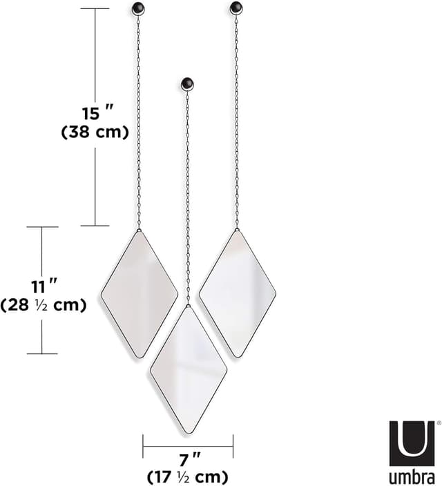Detalle de Umbra Dima Mirror – Lot de 3 miroirs losanges suspendus noir, avec chaîne
