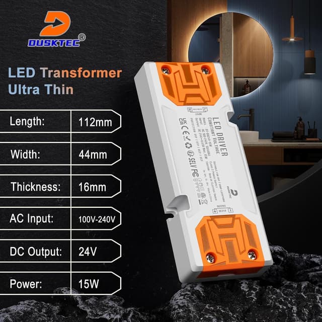 Detalle de DUSKTEC 24V LED Driver 15W (630mA) low-voltage transformer, AC 240V to DC 24V for LED strip lights & MR11/MR16 bulbs