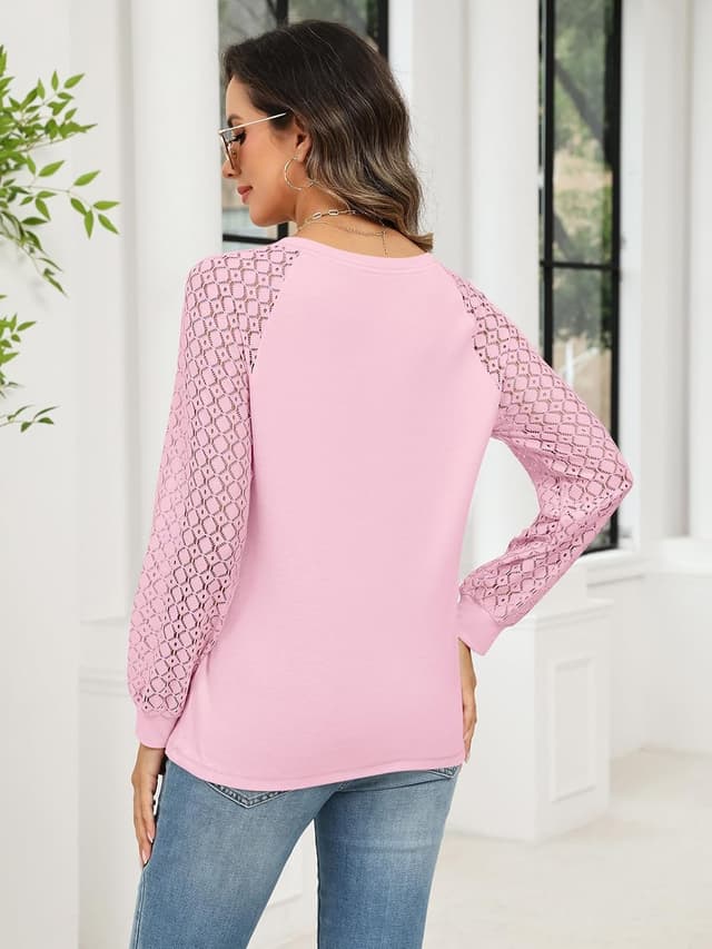 Detalle de Minetom Women’s Lace Long Sleeve Henley Tops (Lace Sleeve Button-Down Casual Blouse)