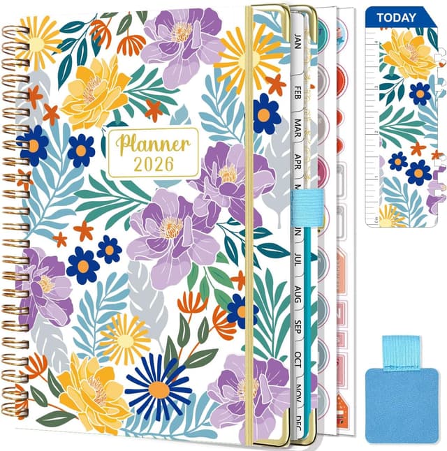 Detalle de Gumiho Agenda 2026 Settimanale Spiral A5 (gennaio–dicembre 2026) con passante per la penna, segnalibro righello e adesivi – viola