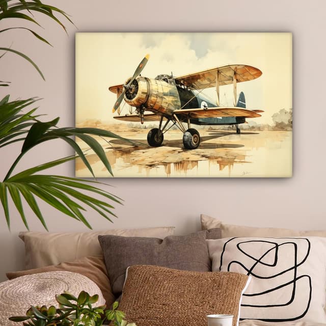 Detalle de MuchoWow Impression sur toile 90 x 60 cm (Avion, Beige) – tableau mural sur cadre en bois