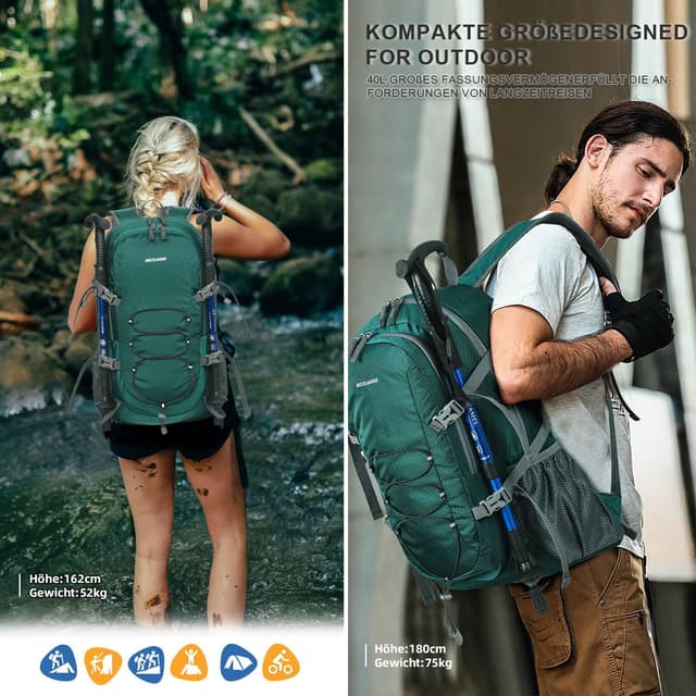 Detalle de BECOJADDE Faltbarer Wanderrucksack 40L (Wasserdicht) – Ultraleicht mit Nassfach