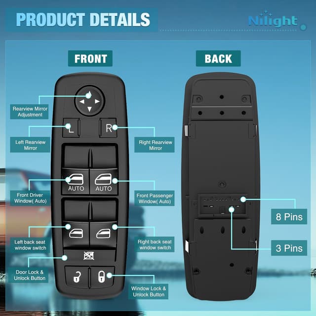 Detalle de Nilight Power Master Window Switch (8 Pins + 3 Pins) Replacement for Select Chrysler, Dodge, and Ram Models